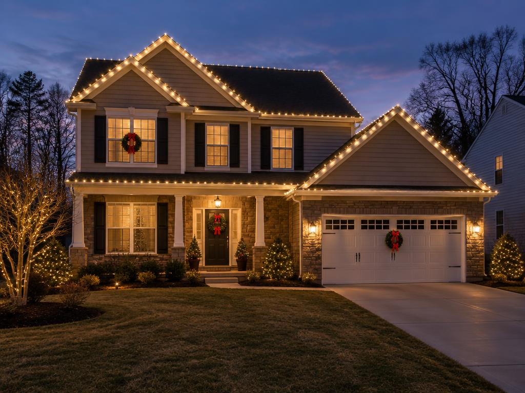 Roofline Christmas lights on a two-story home