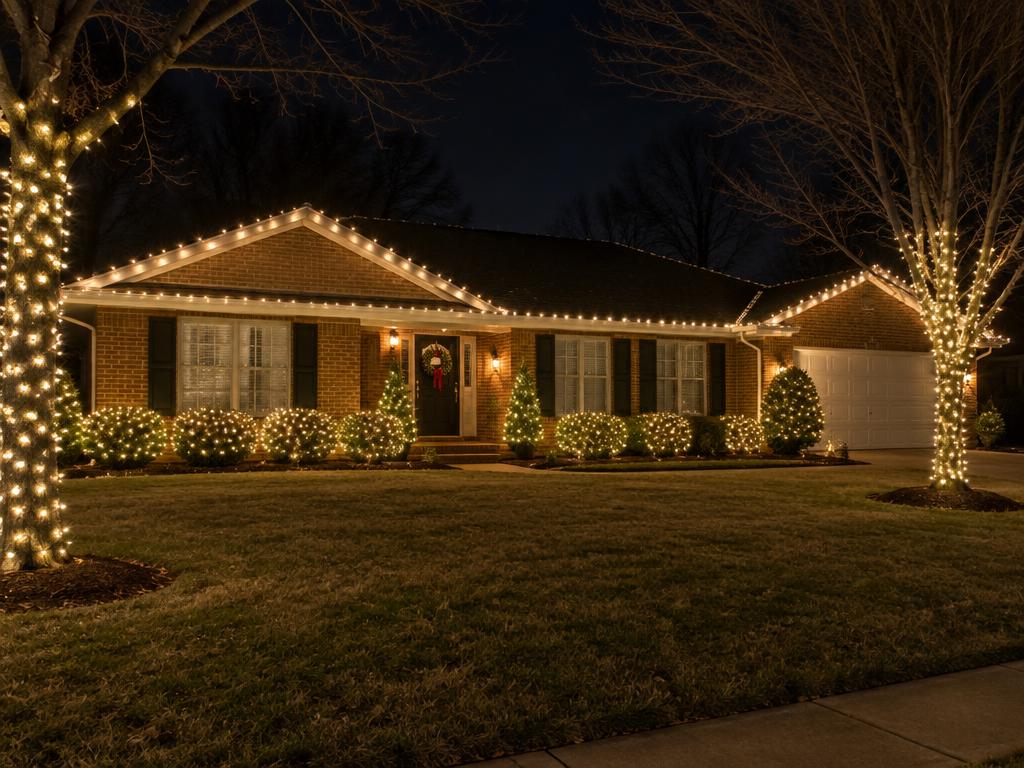 Warm white lights on a brick ranch with wrapped trees