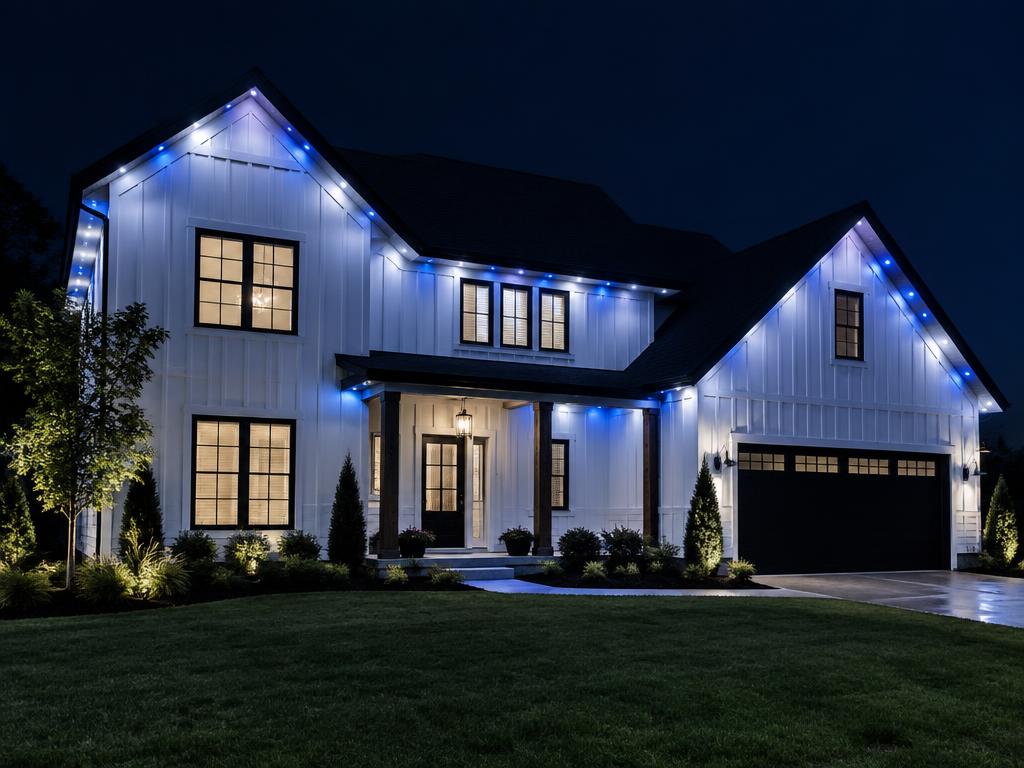 Permanent Govee lights on a modern farmhouse